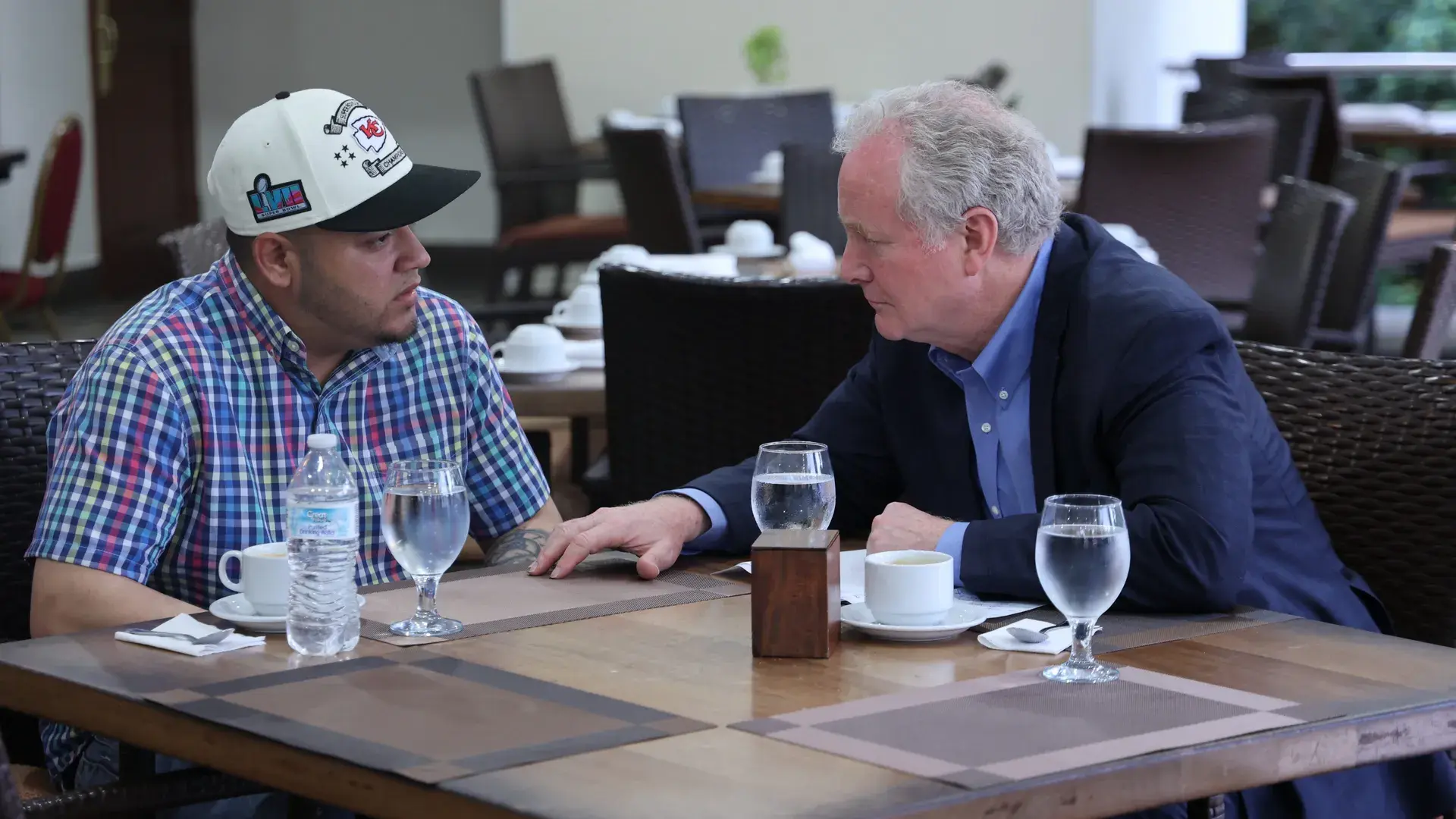 Kilmar Abrego Garcia Finally Return To The US To Face Trafficking Charges 2 U.S. Sen. Chris Van Hollen (D-Md.) meets with Kilmar Armando Abrego Garcia (L) at an undisclosed location on April 17, 2025 in San Salvador, El Salvador. (Image Credit: Getty Images)