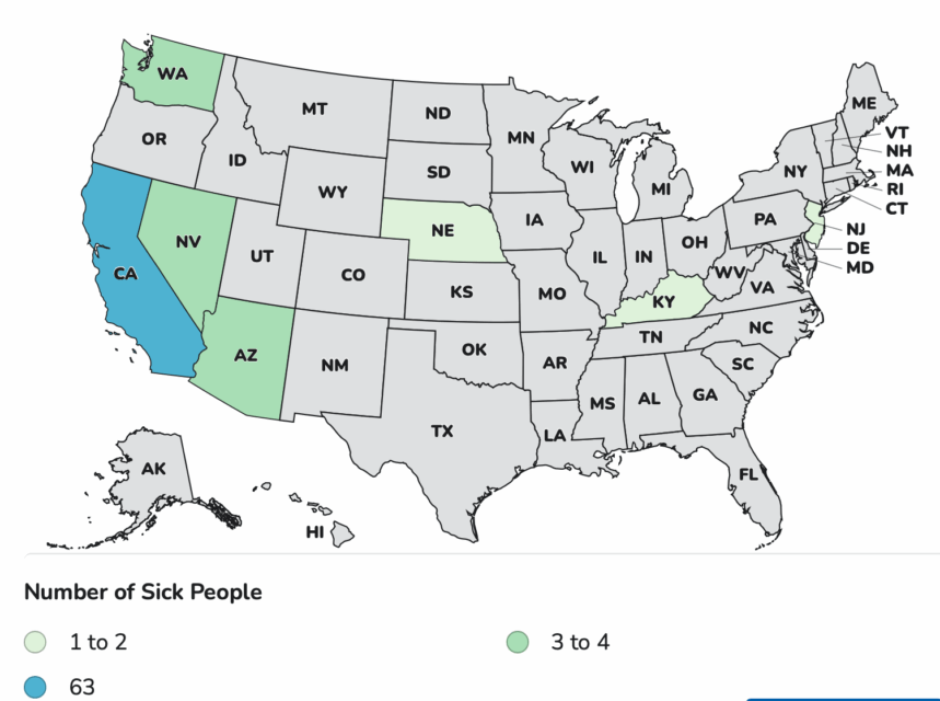 Salmonella Outbreak Forced Nationwide Brown Egg Recall 1 The salmonella outbreak that sparked the egg recall spans Arizona (3 cases), California (63), Kentucky (1), Nebraska (2), New Jersey (2), Nevada (4), and Washington (4), with illnesses reported between Feb. 24 and May 17, 2025.