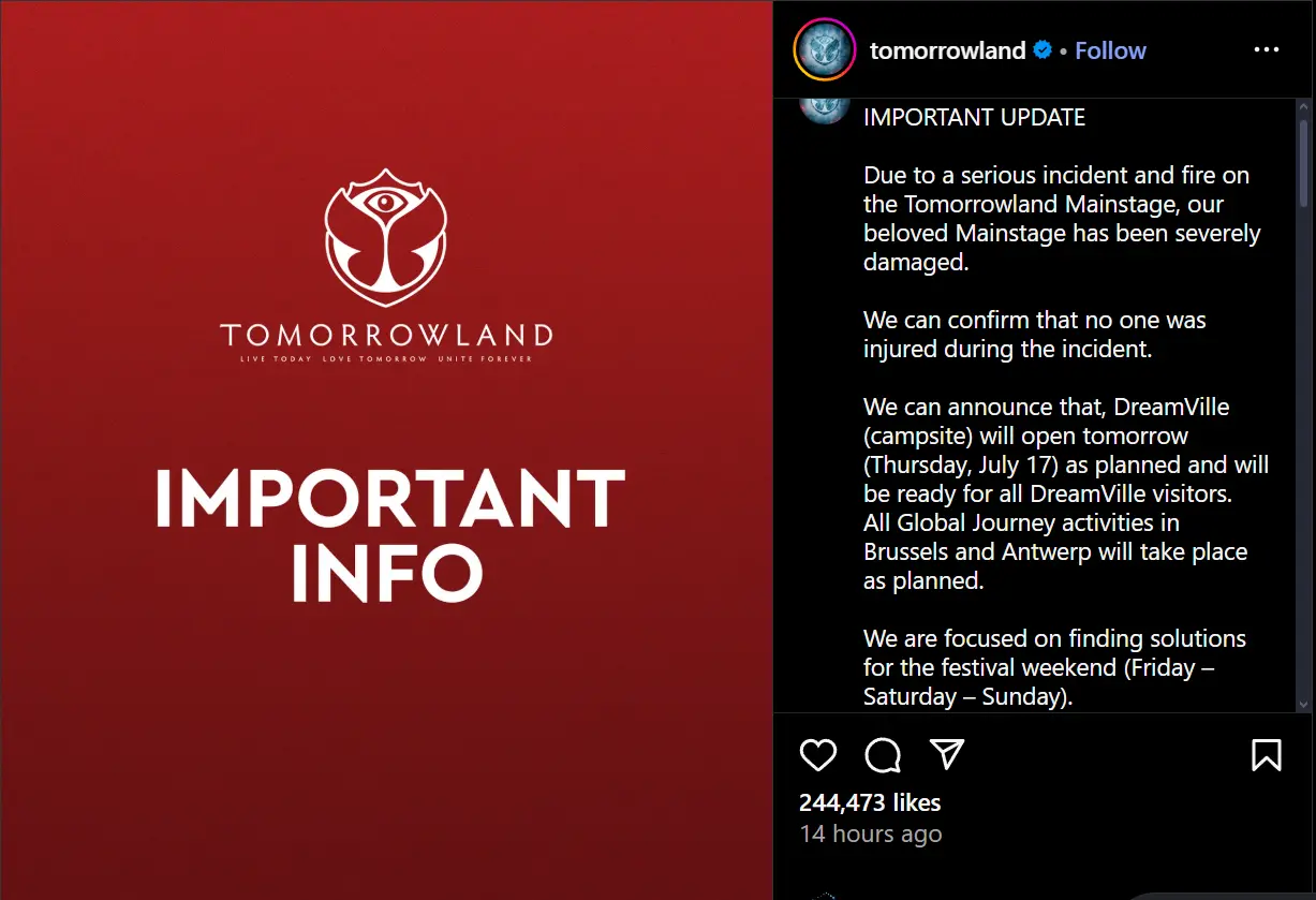 Fire Destroyed Tomorrowland Main Stage Days Before Opening 1 Tomorrowland organizers announcement regarding the main stage fire ahead of the festival. (Image Source: Instagram @tomorrowland)