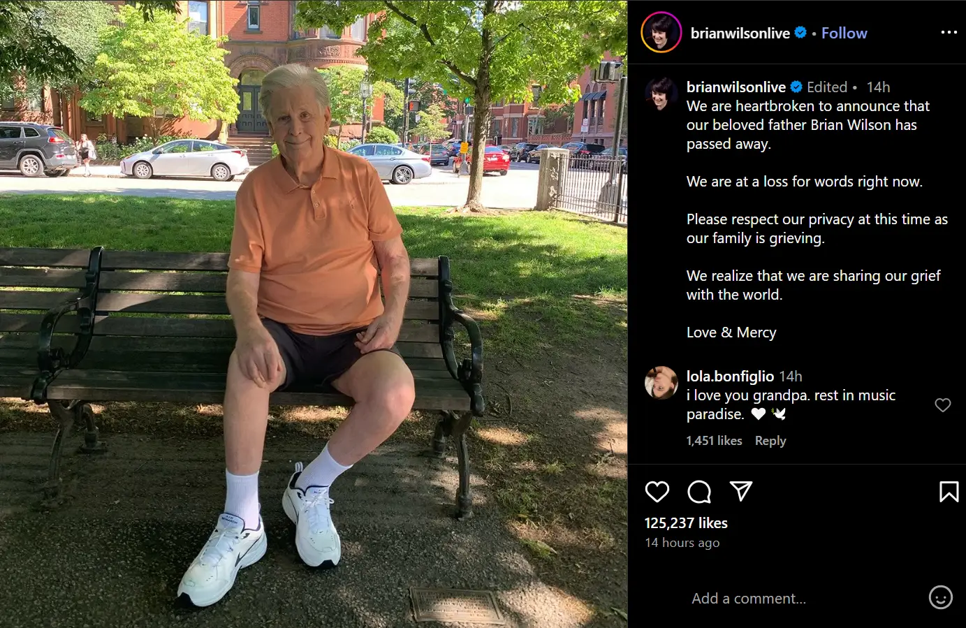 Rock Legend And Leader Of Beach Boys Brian Wilson Dies at 82 2 Brian Wilson's death was announced by his son on Instagram. Though his official cause of death has not been made public. (Image Source: Instagram @brianwilsonlive)