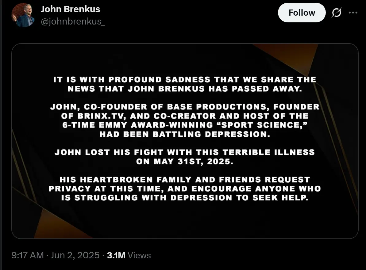 John Brenkus, Emmy-Winning Host of ESPN's 'Sport Science,' Dies at 54 After Battle with Depression 2 John Brenkus death was announced earlier today by his family on social media. (Image Source: X / Twitter @johnbrenkus_)