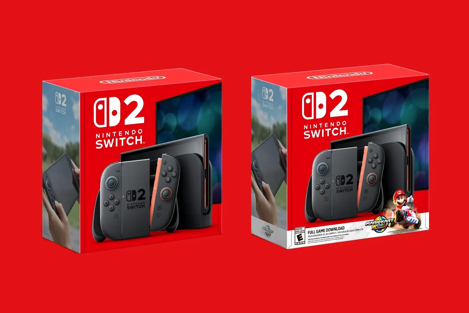 The bundle includes the Nintendo Switch 2 console, a full game download of Mario Kart World, Joy-Con controllers, a dock, and necessary accessories.