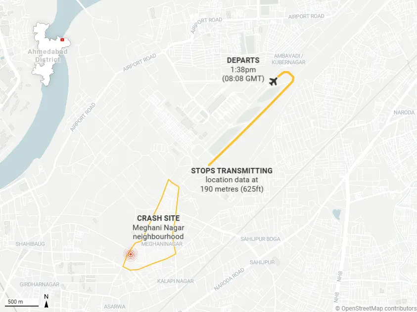 Air India Plane Crashes Minutes After Take Off at Ahmedabad Airport 2 Air India Flight 171 was en route to London with 242 people on board, crashes minutes after takeoff in Meghani Nagar, a residential area just outside the Ahmedabad airport in western India. (Image Source: Flightradar24)