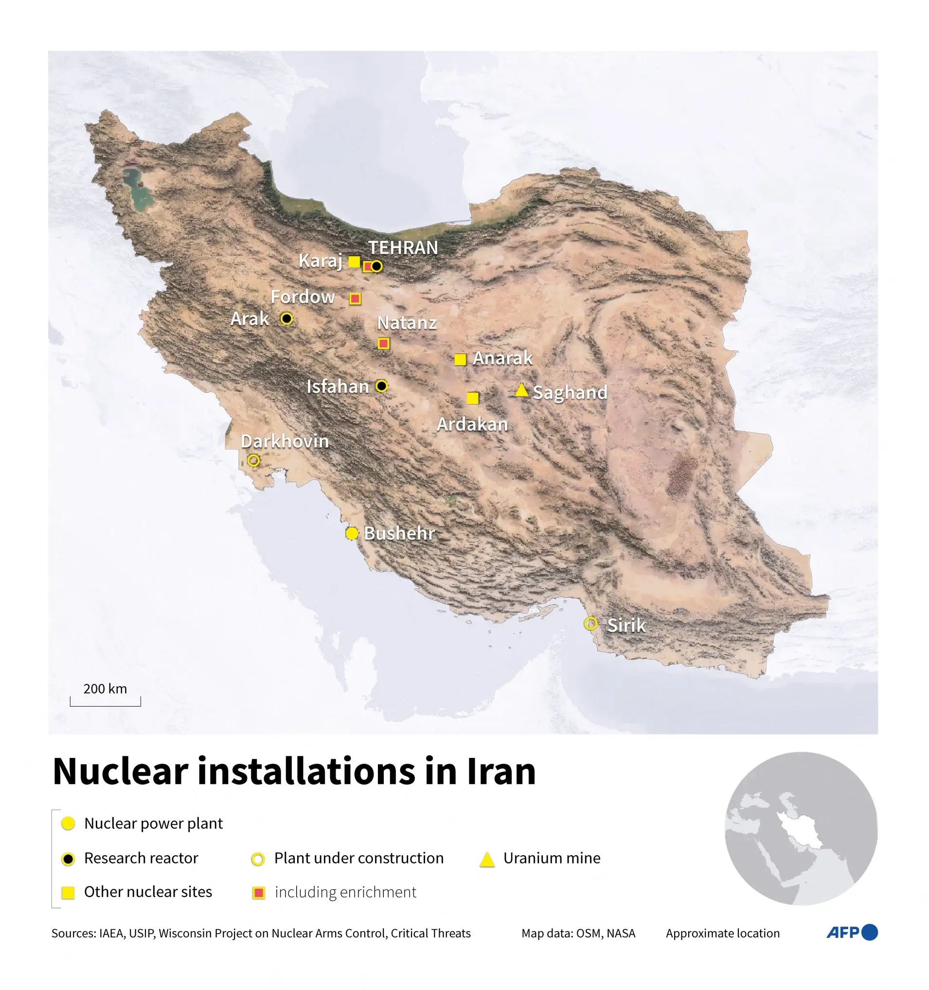 Israel Attack Iran's Nuclear Sites and Military Leadership 2 Map showing Israel attack Iran's nuclear sites, reactors and uranium mines. (Image Credit: SYLVIE HUSSON, NALINI LEPETIT-CHELLA, SABRINA BLANCHARD / AFP / Getty Images)