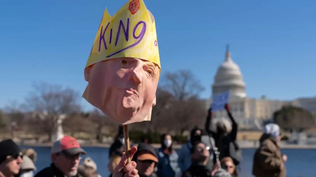 A “No Kings Day” protest on Presidents Day in Washington. (Image Credit: AP / Jose Luis Magana)