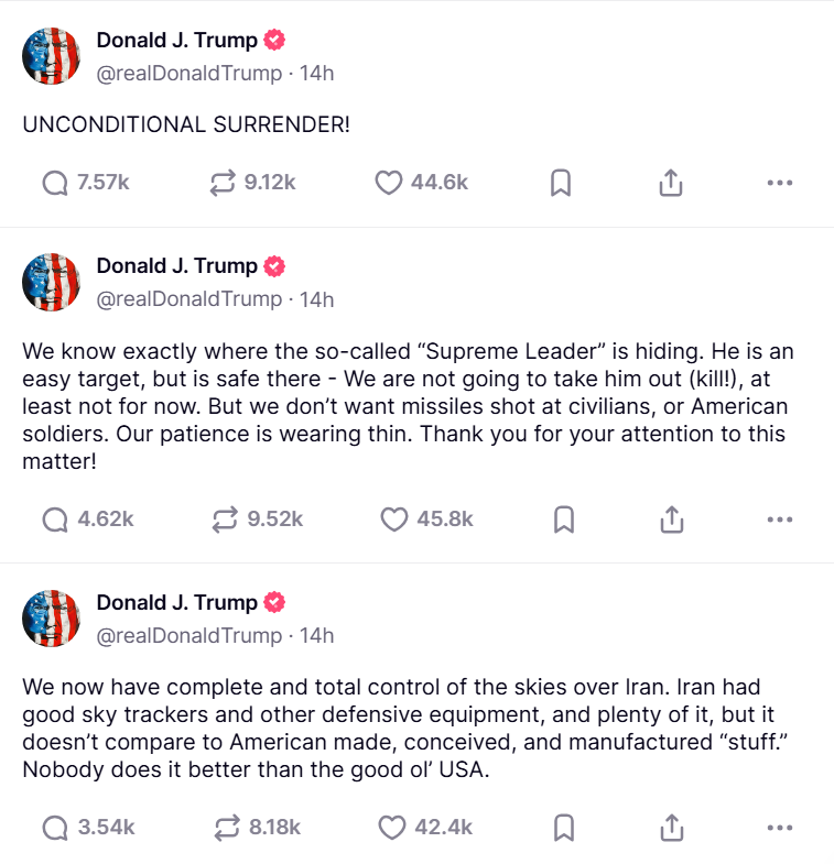 Trump Demands “Unconditional Surrender” From Iran Amid Escalating Conflict 1 Trump demands "UNCONDITIONAL SURRENDER!" from Iran on his social media. (Image Source: Truth Social @realDonaldTrump)