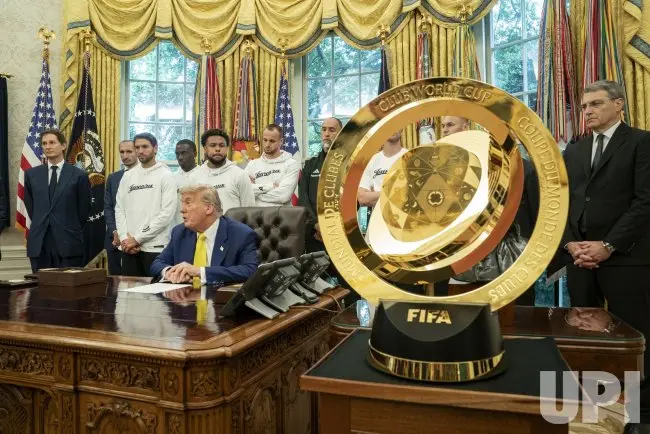 Juventus Visit President Trump at White House And Discuss Transgender in Sports 1 U.S. President Donald Trump holds a meeting with members of the Juventus soccer club in the Oval Office of the White House in Washington, DC on Wednesday, June 18, 2025. (Image Credit: Ken Cedeno/UPI)
