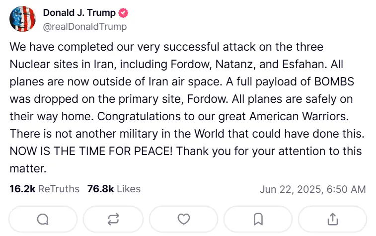 U.S. Drops Bombs on Iran’s Major Nuclear Facilities 1 President Trump addresses U.S. bomb Iran on Truthsocial. (Image Source: Truthsocial @realDonaldTrump)