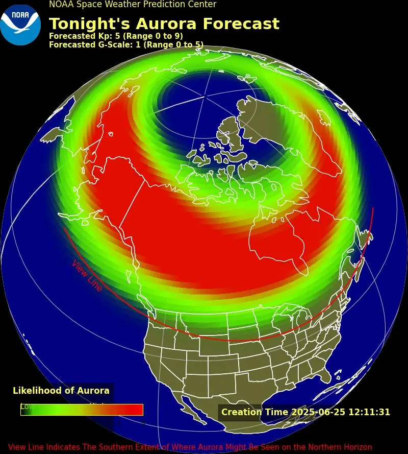 Northern Lights Forecast Tonight – Where You Can See the Aurora Borealis 1 Aurora Borealis map of visibility on June 25, 2025. (Image Source: NOAA)
