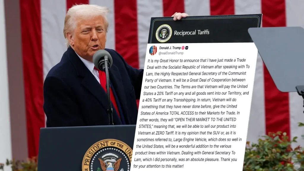 President Trump unveils a new Vietnam trade deal agreement on Truth Social, imposing a 20% tariff on imports and granting U.S. goods zero-tariff access to Vietnamese markets.