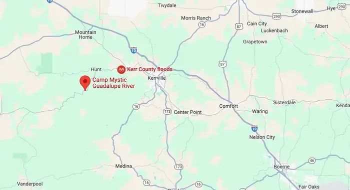 Camp Mystic Flooding Tragedy: Dozens Missing in Texas Flash Floods 1 Camp Mystic is situated on the Guadalupe River. (Image Source: Google Maps)