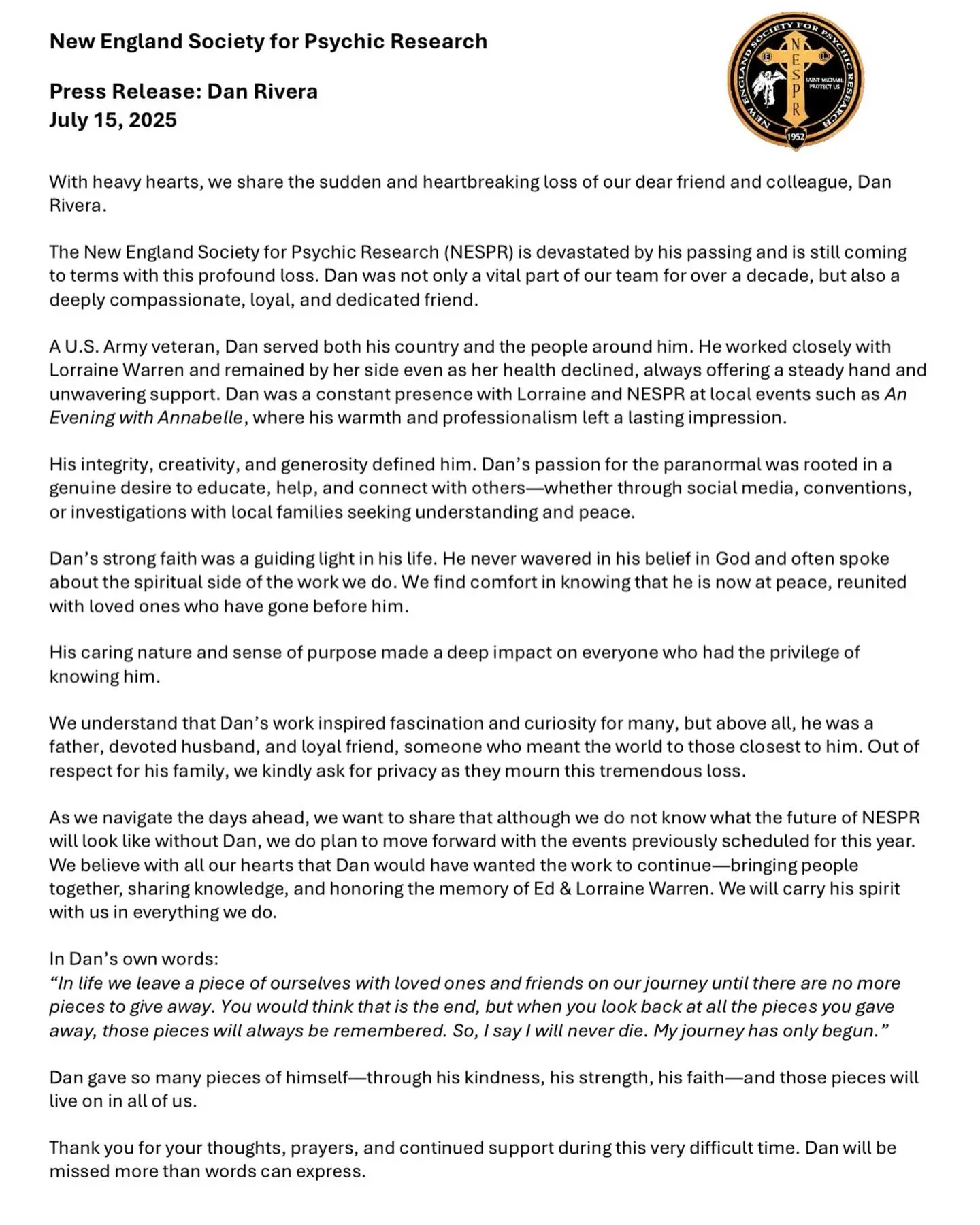 Paranormal Investigator Dan Rivera Dies Suddenly During Annabelle Doll Tour 2 Statement from the New England Society for Psychic Research regarding Dan Rivera's death. (Image Source: NESPR)
