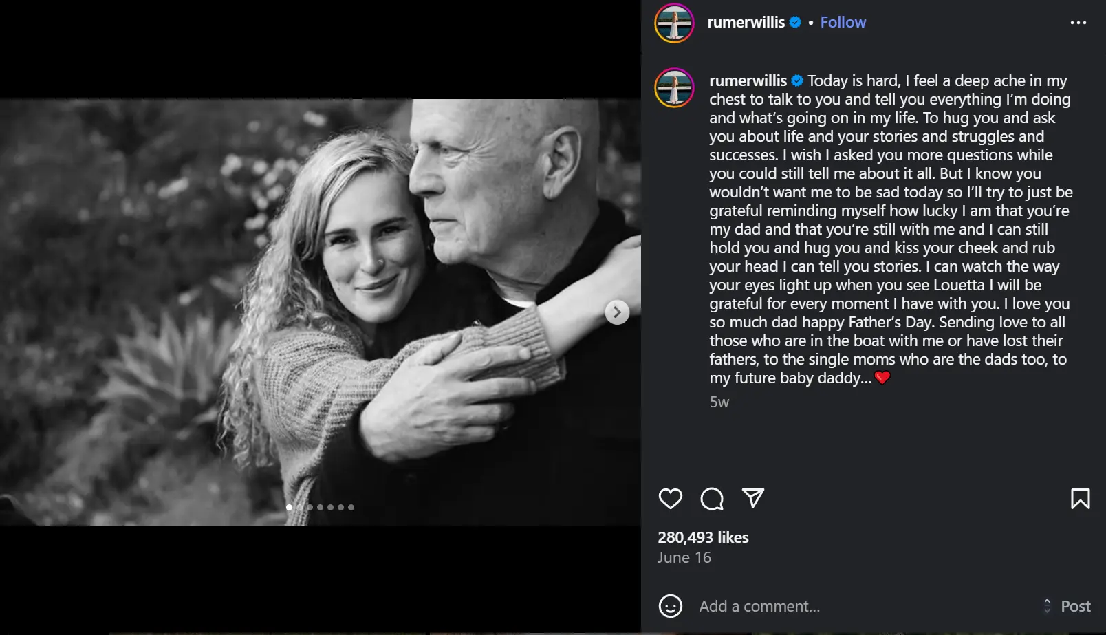 Bruce Willis’ Illness Made Him Unable To Speak, Read, or Walk 1 Bruce Willis's daughter, Rumer Glenn Willis, post about her dad on Father's Day. (Image Source: Instagram @rumerwillis)