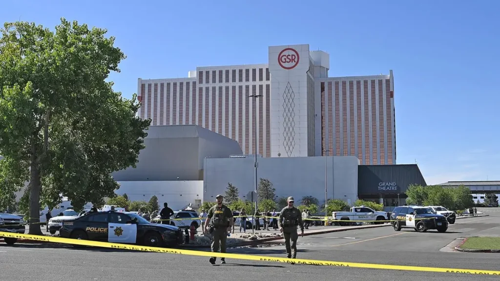 Police respond to the Reno shooting outside the Grand Sierra Resort, Nevada, Monday, July 28, 2025. (Image Credit: Andy Barron / AP)
