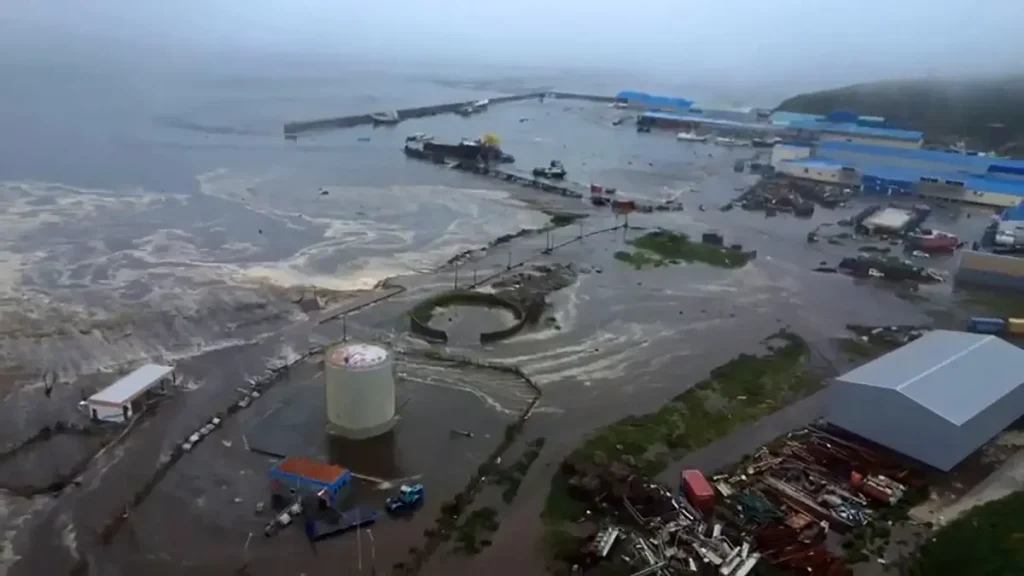 Tsunami waves flood the Sakhalin region of Russia on Wednesday after a magnitude 8.8 earthquake off the Kamchatka peninsula. (Image Source: Geophysical Survey of the Russian Academy of Sciences/Reuters)